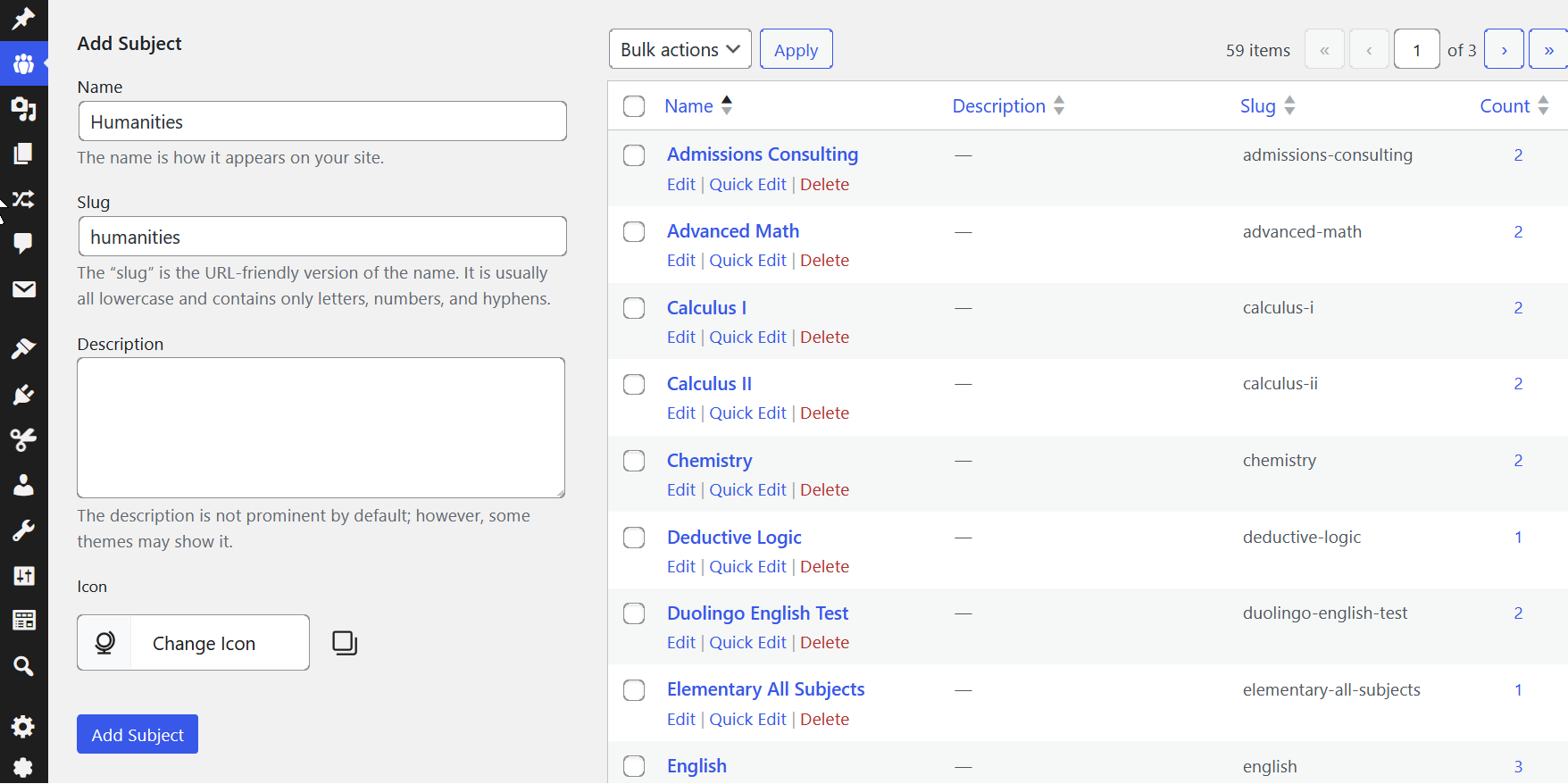 WordPress admin screen showing an Add Subject custom taxonomy form with an ACF icon picker field.